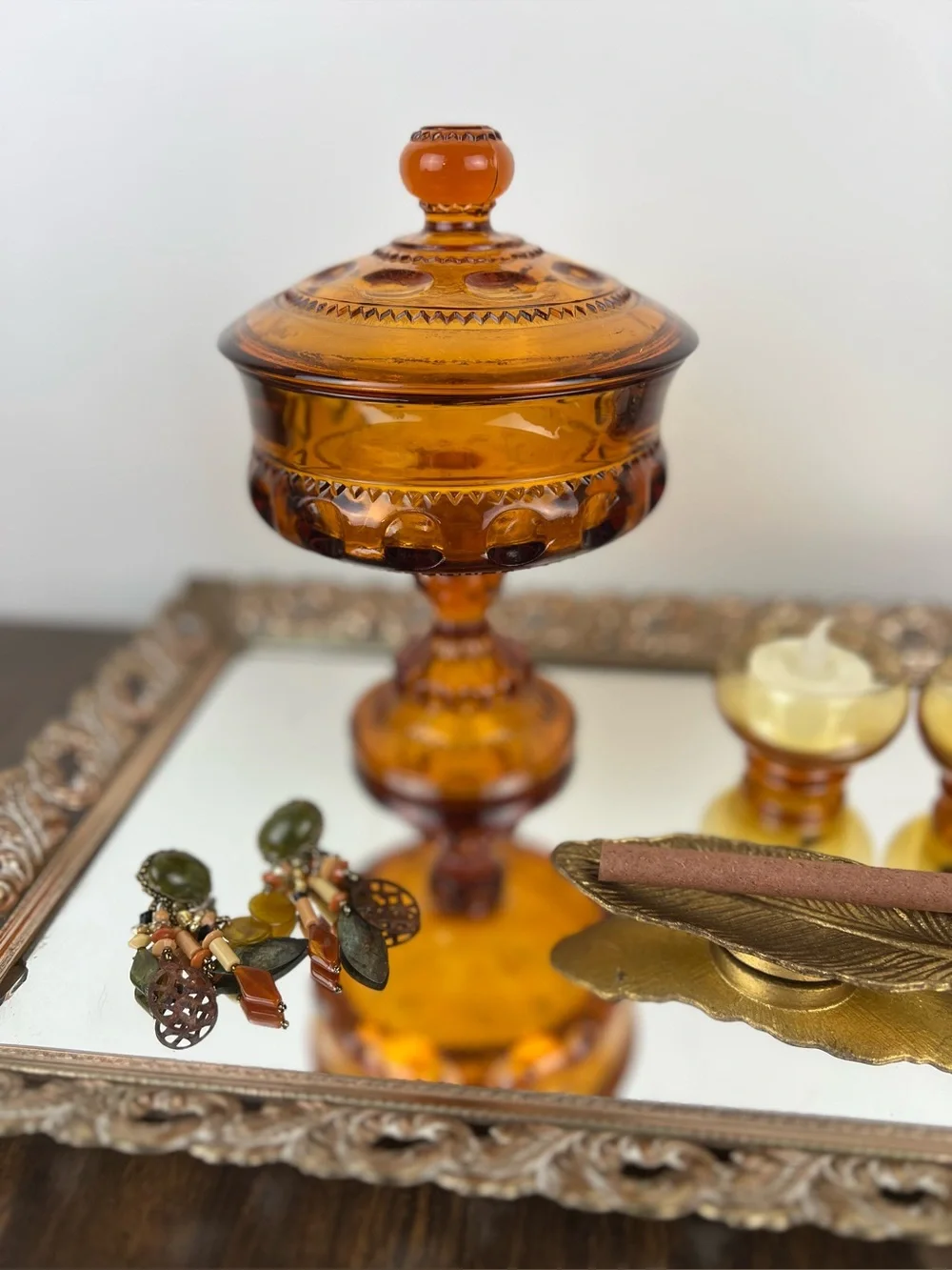 Vtg 1960-70s Amber King's Crown Pedestal Candy Dish Thumbprint Lidded Compote